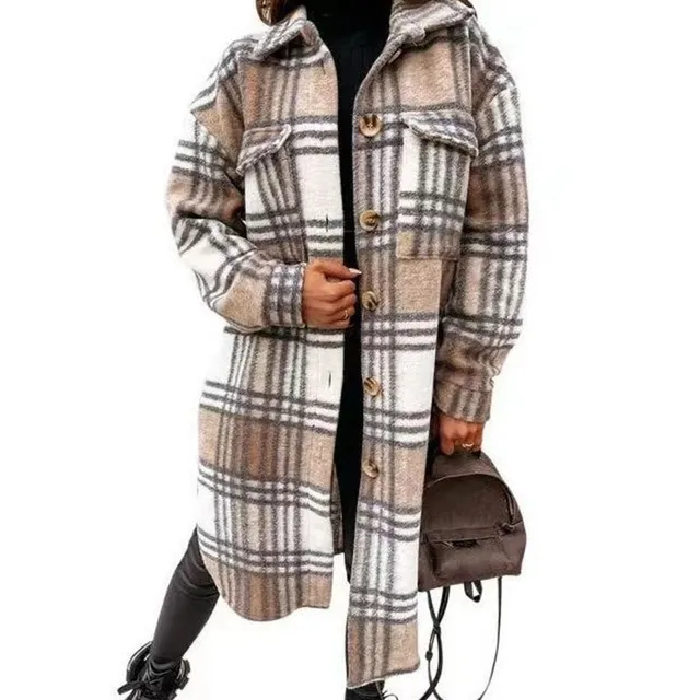 Dlouhý kostkovaný kabát s dlouhým rukávem z vlněné směsi khaki1 s