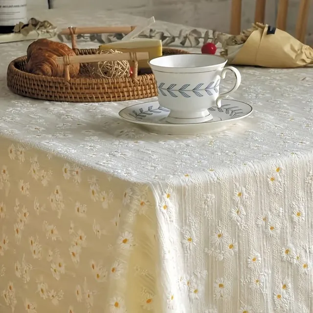 Ubrus macramé, small, fresh style, pasture decoration table, rectangular with pattern flowers daisies, dustproof tablecloth with fringes