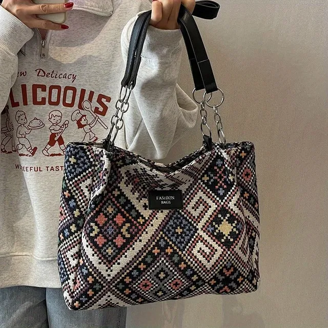 Leinen Schultertasche für Frauen mit ethnischem geometrischem Muster, große Kapazität, Vintage-Stil