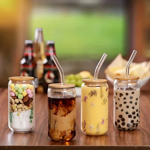 4-piece set of glass in the shape of cans, 16 oz, made of high borosicicate glass with bamboo lids and glass straws