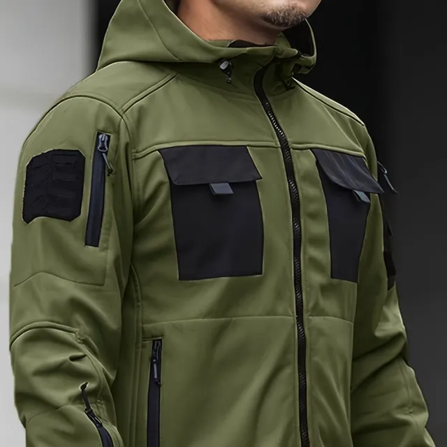 Stylish men's jacket with hood and zipper for long sleeves with colorful blocks and multi-caps - Men's clothing