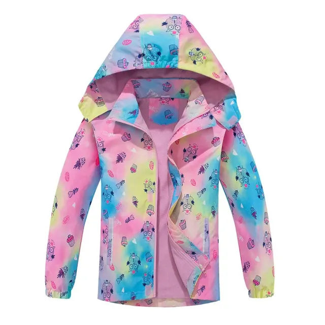 Girl rain jacket with hood and camouflage in rainbow colors - Waterproof and light baby jacket with removable hood and fleece lining