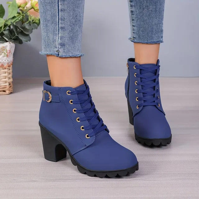 Damen Ankle Boots mit robustem Absatz, Schnalle und seitlichem Reißverschluss (hohe Absätze)