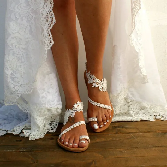 Damskie letnie koronkowe urocze białe sandały