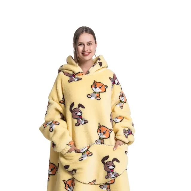 Wearable blanket with hood of stuffed animal and sherpa fleece for adults