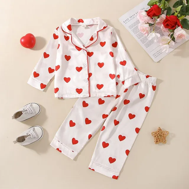 Children's Pajama Set with Heart Printing - Long Sleeve, Button Clamping, Top and Pants - Children's Homewear, Nightwear