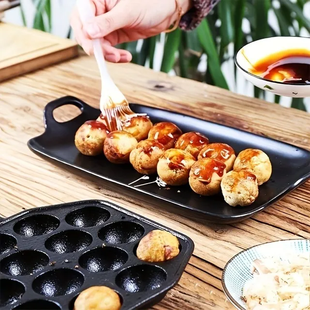 1ks Non-stick pan, 14-jamkový Takoyaki výrobca s drevenou rukoväťou