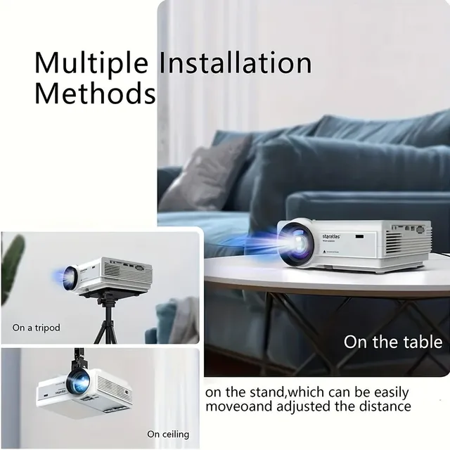 Mini projector for home cinema and outdoor entertainment: 4K image, Wi-Fi, Full HD, HDMI, USB, VGA, AV - easily portable and compact