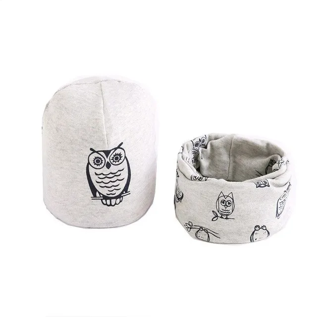 Baby cute set - cap + neck warmer with owl print