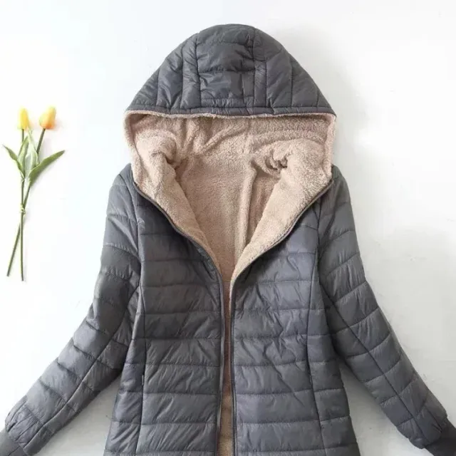 Women's winter middle-length Korean coat with hood and fleece lining made of cotton