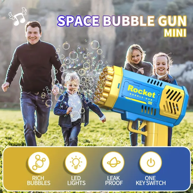Baby rocket bubble launcher with 40 holes, automatic, LED lights, portable, for boys and girls