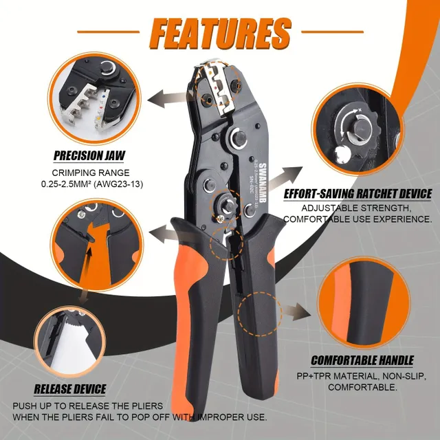 AWG 23-13 cable crimp tool with a set of connectors, tubes, eyes, forks, fast-connectors and pressed cable stitches