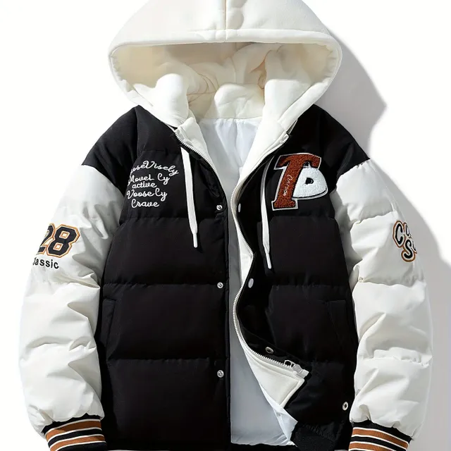 Men's warm quilted jacket with hood, colorful blocks, ideal for autumn/winter