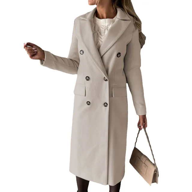 Dvojradový vlnený kabát s dlhými rukávmi