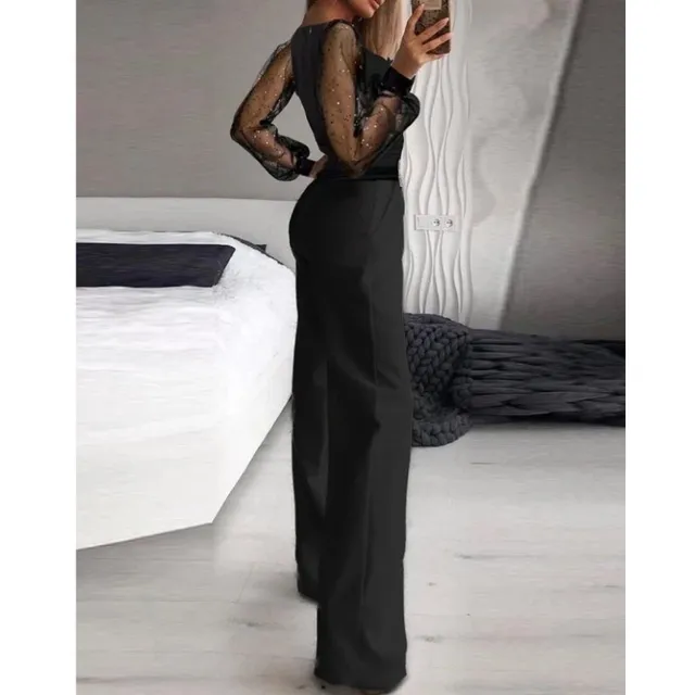 Women's fashionable sexy jumpsuit with V-neckline, shimmering semi-transparent mesh, wide legs and pockets