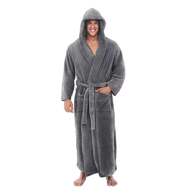 Men's soft long robe with hood in solid colour