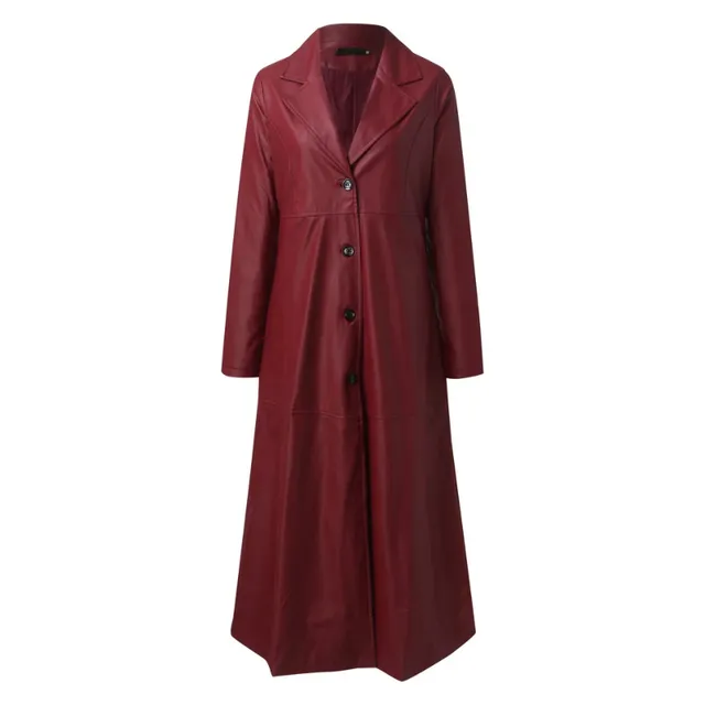 Women's long leatherette coat in red with long sleeves