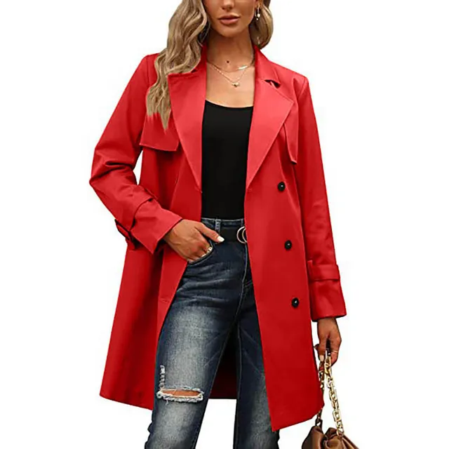 Women's long trench coat with double-breasted fastening - autumn/winter, belt included