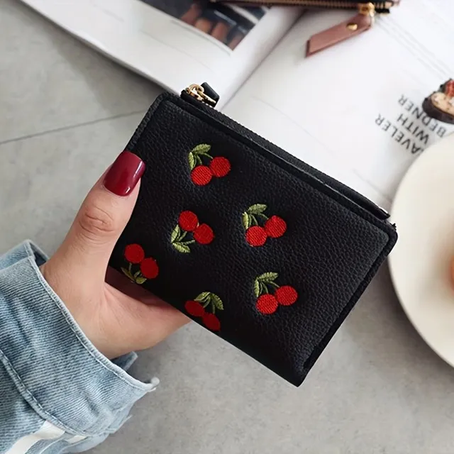 Cherry embroidered coin box wallet, zipper case