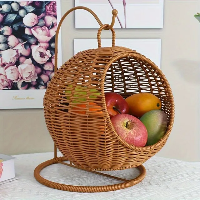 Knitted basket of artificial rattan for fruit, pastries and small snacks