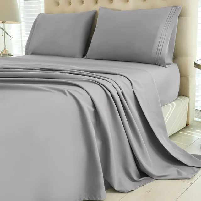 Lenjerie de pat gri argintiu din fibre chimice (1 cearceaf de pat + 1 cearceaf deasupra + 1/2 față de pernă), lenjerie moale
