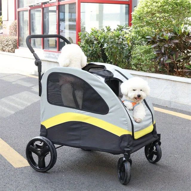 Carrito plegable de cuatro ruedas para dos perros con divisor extraíble