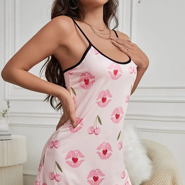 Nightshirt with cherries and lip prints, casual, round neckline, exposed back, ruffles - Sleeping Dress