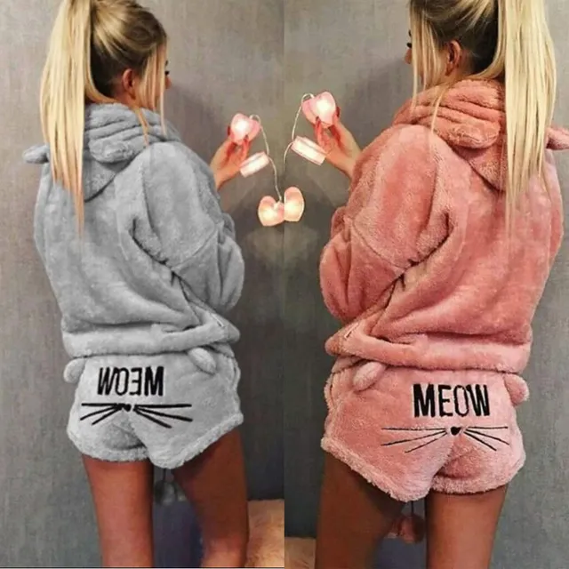 Cuddly plush pajama set for women with ears on hood