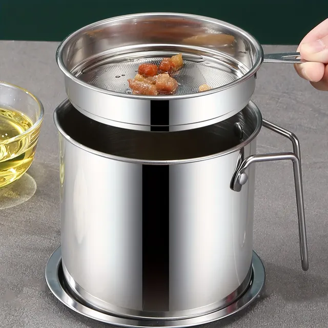 Stainless steel oil filter with a capacity of 1.8 liters - Bacon fat container with filter, lid and network filters, Repeatedly usable kitchen oil