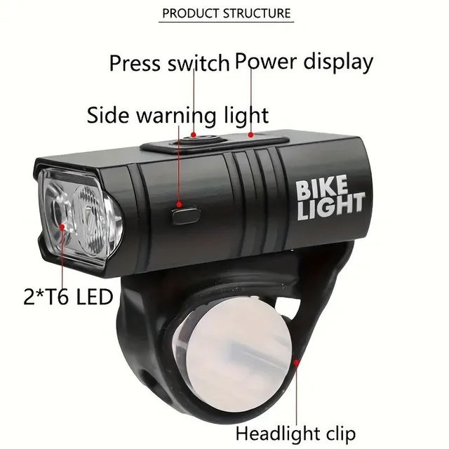 USB rechargeable bicycle light LED, 6 modes, front light on mountain bike for outdoor cycling