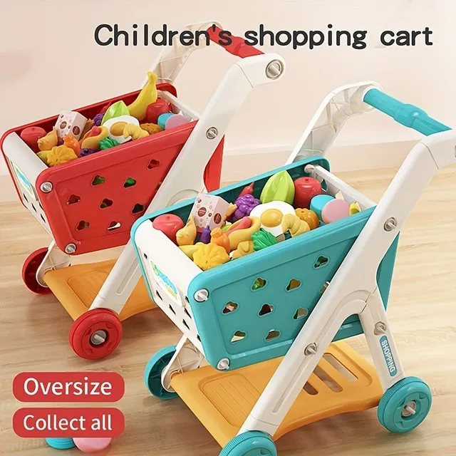 Cărucior de cumpărături pentru copii cu bucătărie și alimente - Joc de magazin, gătit și puzzle într-un singur produs