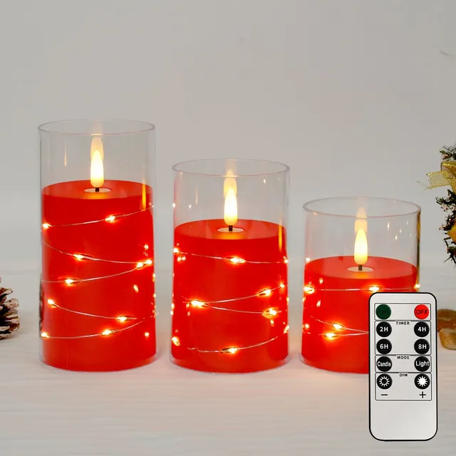 Safety LED candle with 3D flame and glass body for battery, with built-in light chain in the shape of stars - candle with remote control and timer.