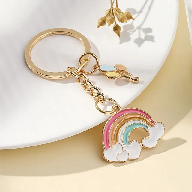 Two metal keychain pendants with rainbow cloud and color balloon