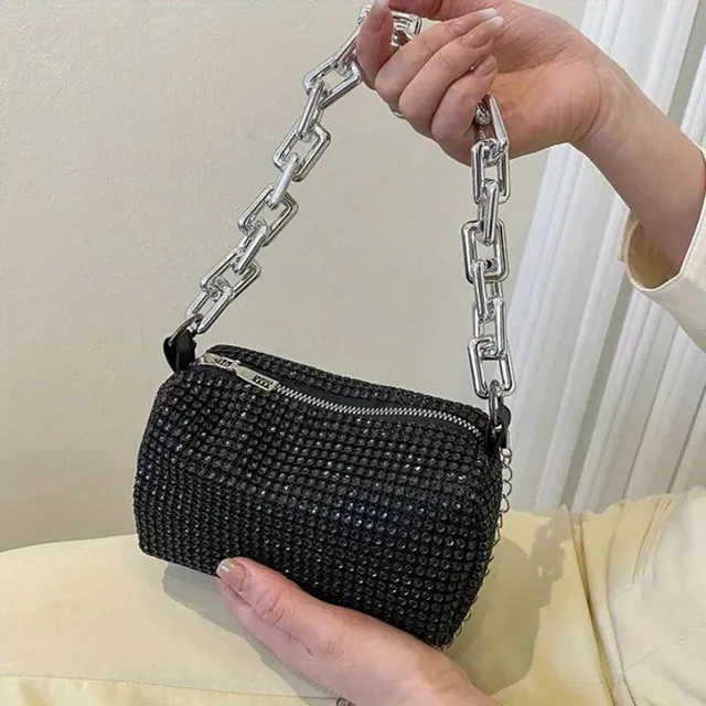 Dámske lesklé mini crossbody taška s retiazkou, kožená kabelka s flitrami, módne vedro taška