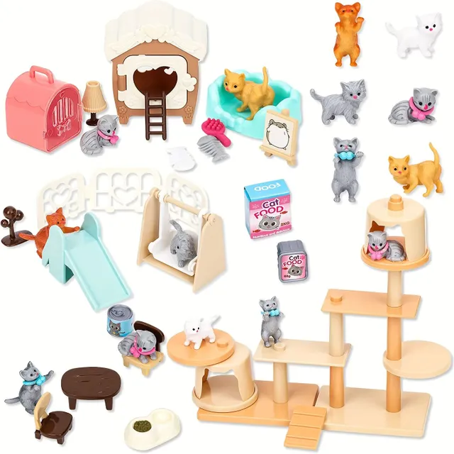 Cat Toys Pretend Play Cat Figures Playset Toy Interactive Kitten Role Play Set Realistic Cats Care Center For Girls Boys Birthday Gift