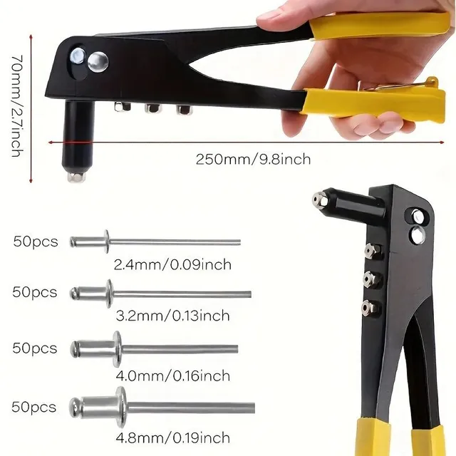 Riveting set with hand-held rivet, contains aluminium rivets. Suitable for metal, plastic and artificial leather