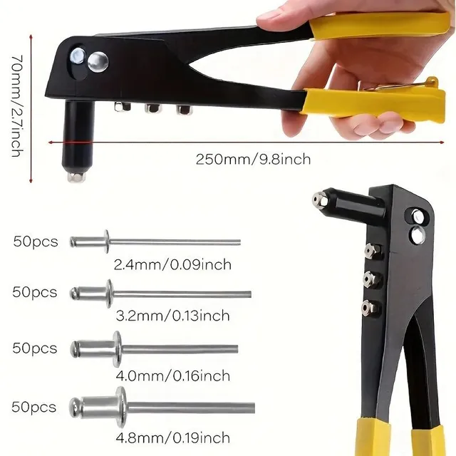 Nýtovací sada s ruční nýtovačkou, obsahuje hliníkové nýty. Vhodné pro kov, plast a umělou kůži