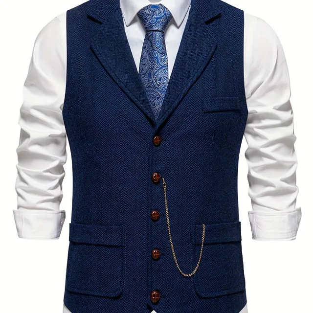 Men's retro herringbone vest with 1 button, Elegant lapel for business, banquet and wedding events