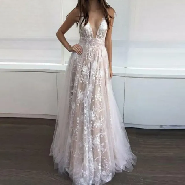Romantické zdobené výstřih krajky Maxi svatební šaty plesové šaty