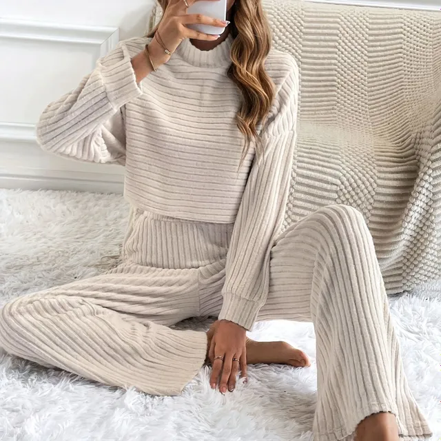 Knitted two-piece set: long sleeve crop top and trousers with elastic waist - women's clothing