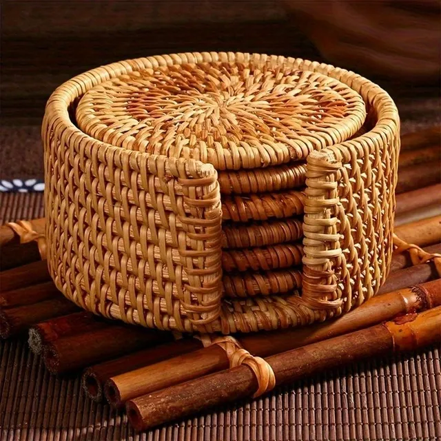 Rattan knitting mug mat with holder and storage box