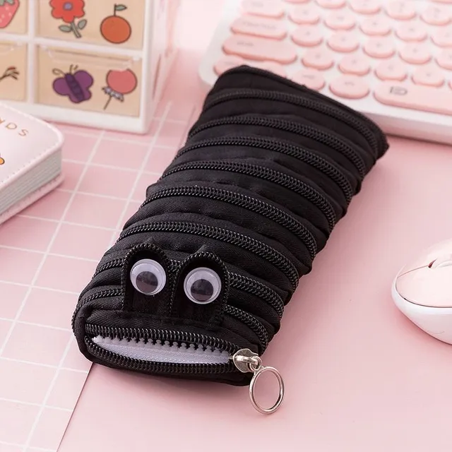 Original modern one-colour funny school pencil case in the shape of a cute worm with moving eyes