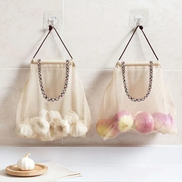 Hanging net bag for fruit and vegetables in the kitchen with a hang-up handcuff