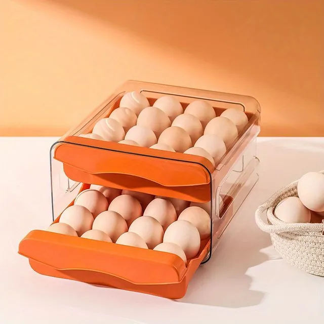 Nádrž na vejce 2v1: šuplíková chladnička s dvojitým dnem, stohovatelná, proti nárazu a rozbití, pro 18 vajec