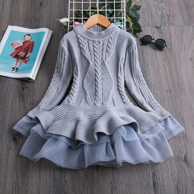 Rochie de iarnă pentru fetițe cu model tricotat și mâneci lungi