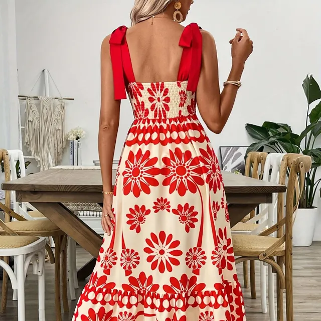 Summer maxi dress with ethnic print and tied shoulder