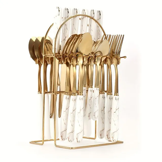 24pcs Stainless steel Stand for cutlery A Storage Box - Mirror Design for use In Households, Restaurant &amp; Party - Contains Dining Knife, Fork, Spoon &amp; Dessert Spoon - Ideal For Organizing &amp; Exhibition of cutlery