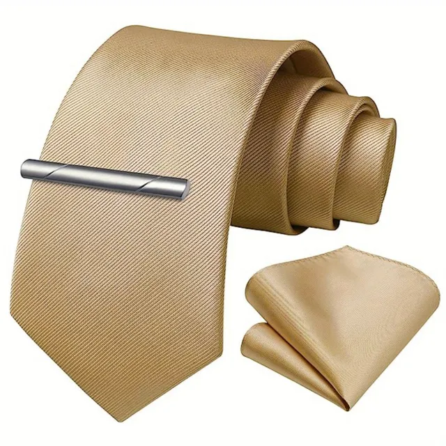 Single-colored men's tie with handkerchief and tie buckle