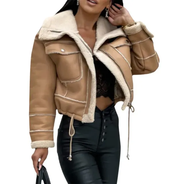 Women's warm jacket with leather patch - short cut, luxury outerwear