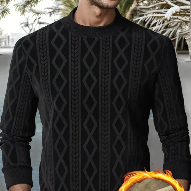 Men's warm sweater with round neckline and diamond pattern